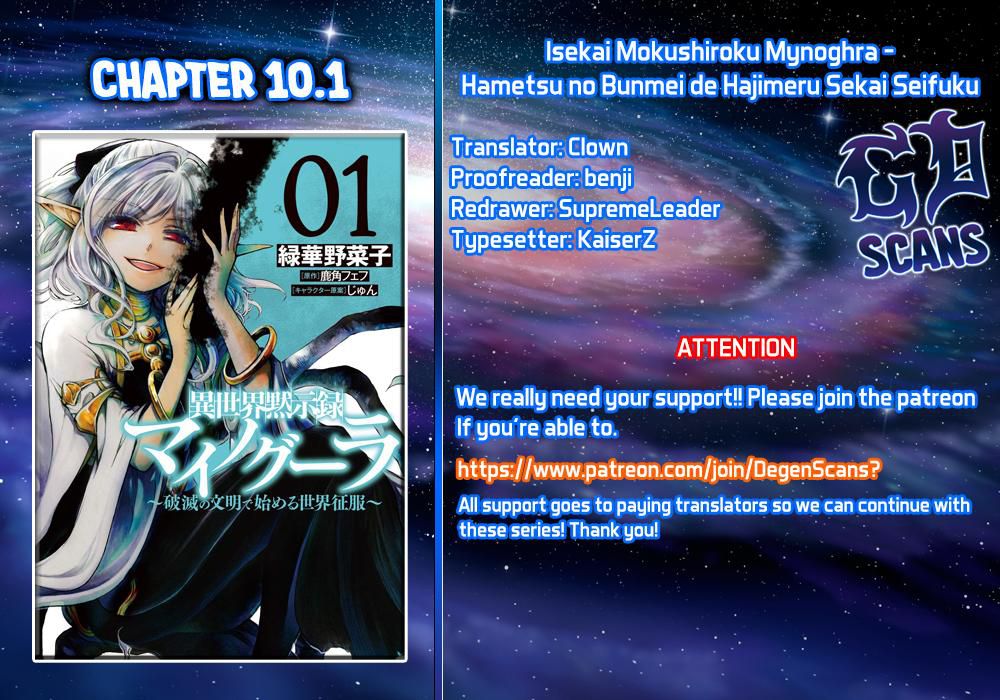 Isekai Mokushiroku Mynoghra: Hametsu no Bunmei de Hajimeru Sekai Seifuku Chapter 10.1 — Page 1