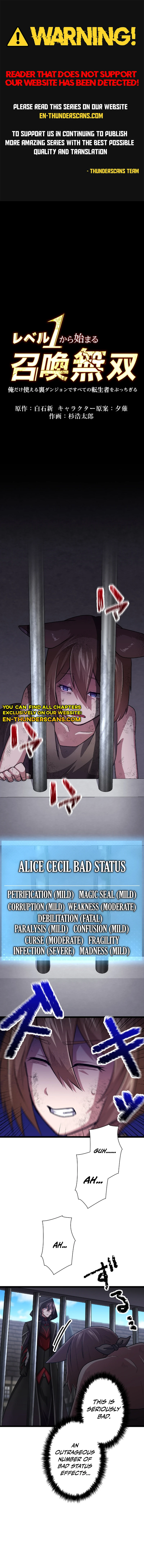 Level 1 kara Hajimaru Shoukan Musou: Ore dake Tsukaeru Ura Dungeon de Subete no Tenseisha o Bucchigiru Chapter 14 — Page 1