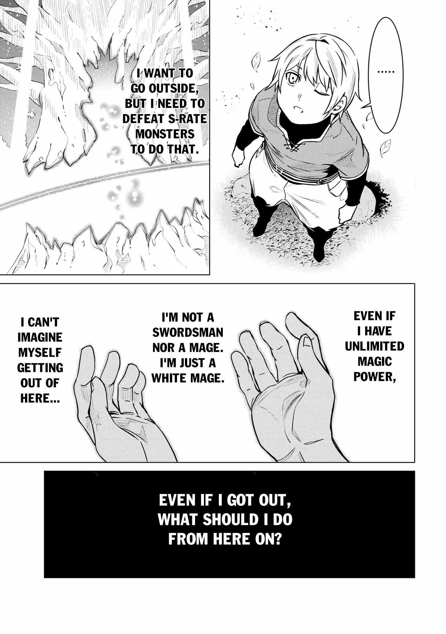 SSS-Rank Dungeon de Knife Ippon Tewatasare Tsuihou Sareta Shiro Madoushi: Yggdrasil no Noroi ni Yori Jakuten de Aru Maryoku Fusoku o Kokufukushi Sekai Saikyou e to Itaru Chapter 2.1 — Page 14