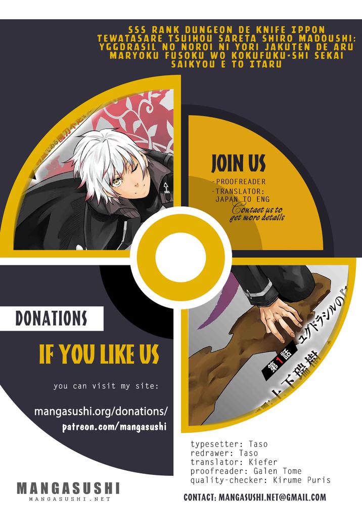 SSS-Rank Dungeon de Knife Ippon Tewatasare Tsuihou Sareta Shiro Madoushi: Yggdrasil no Noroi ni Yori Jakuten de Aru Maryoku Fusoku o Kokufukushi Sekai Saikyou e to Itaru Chapter 5.2 — Page 1